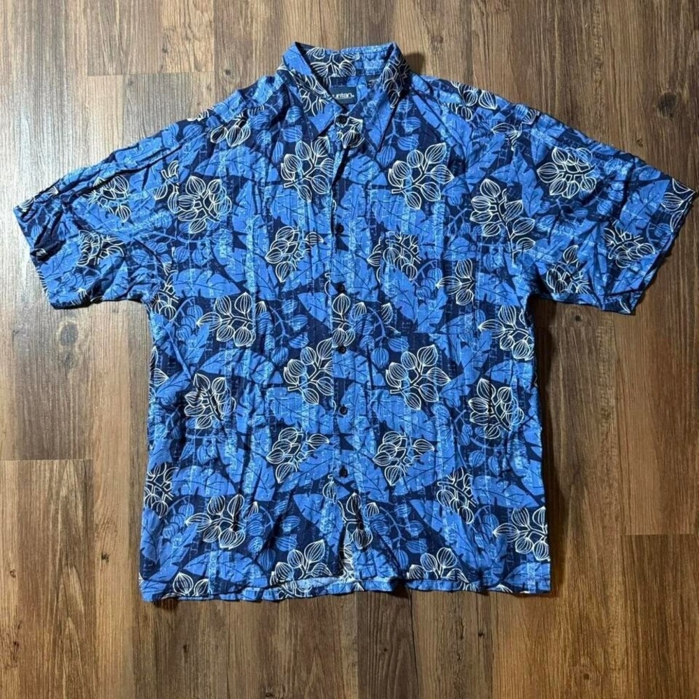 Puritan Mens Large Blue Floral Tropical Rayon Short Sleeve Button Up Shirt